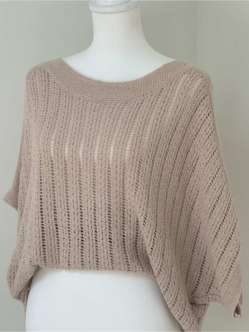 COTTON Light Tan Knit Boatneck Off-Shoulder Sweater Oversized Poncho Top M